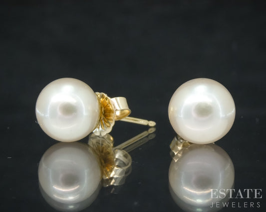14k Yellow Gold 7.5mm Akoya Pearl Stud Ladies Earrings p30412b