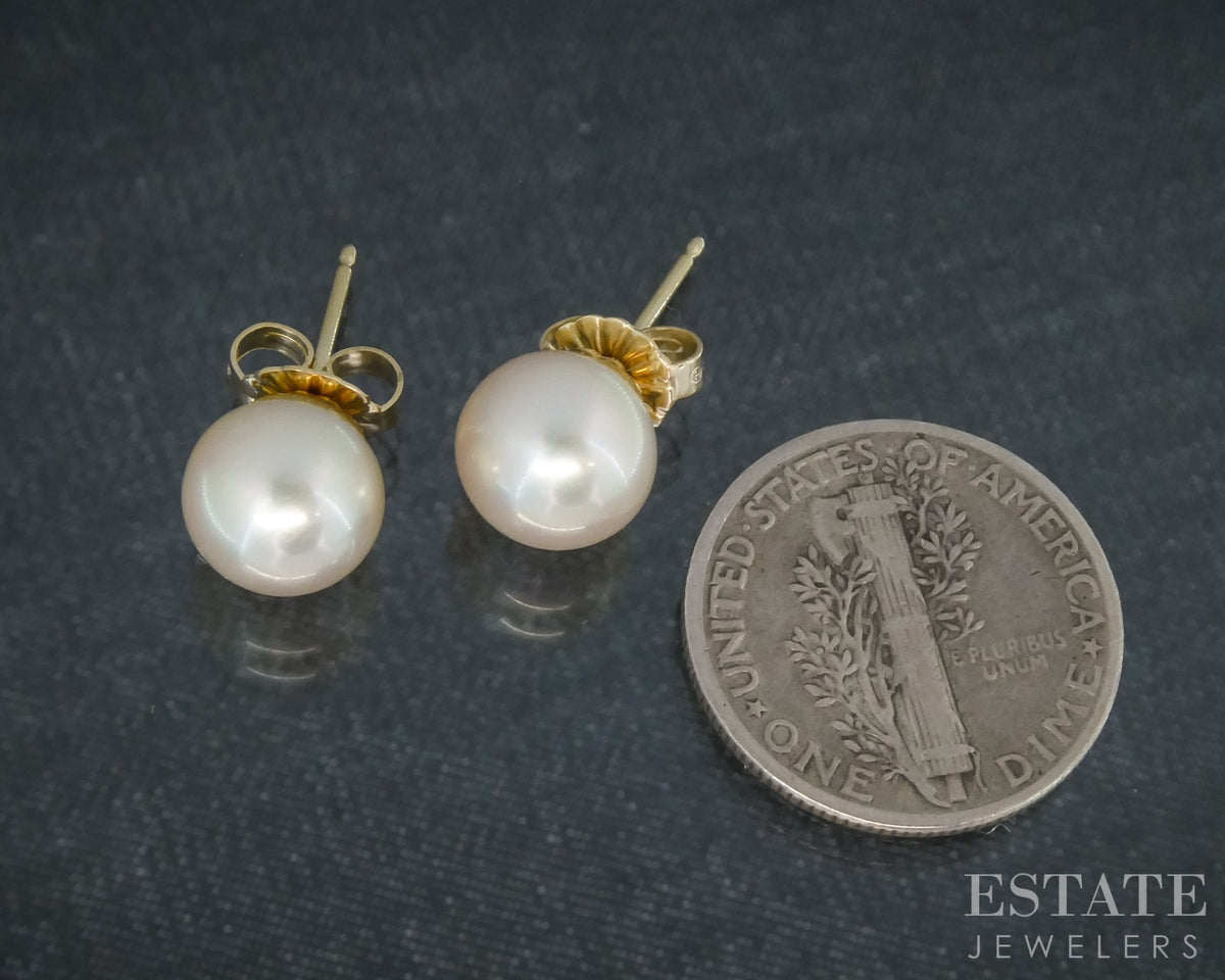 14k Yellow Gold 7.5mm Akoya Pearl Stud Ladies Earrings p30412b