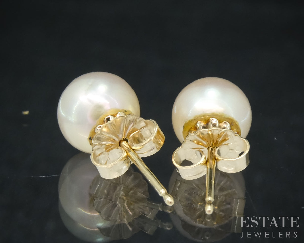 14k Yellow Gold 7.5mm Akoya Pearl Stud Ladies Earrings p30412b