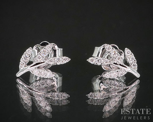 10k White Gold Lab Created .11ctw Diamond Leaf Stud Earrings p30775