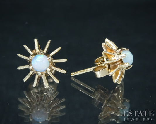 Vintage 9k Yellow Gold Natural Opal Starburst Stud Earrings 2g p31196