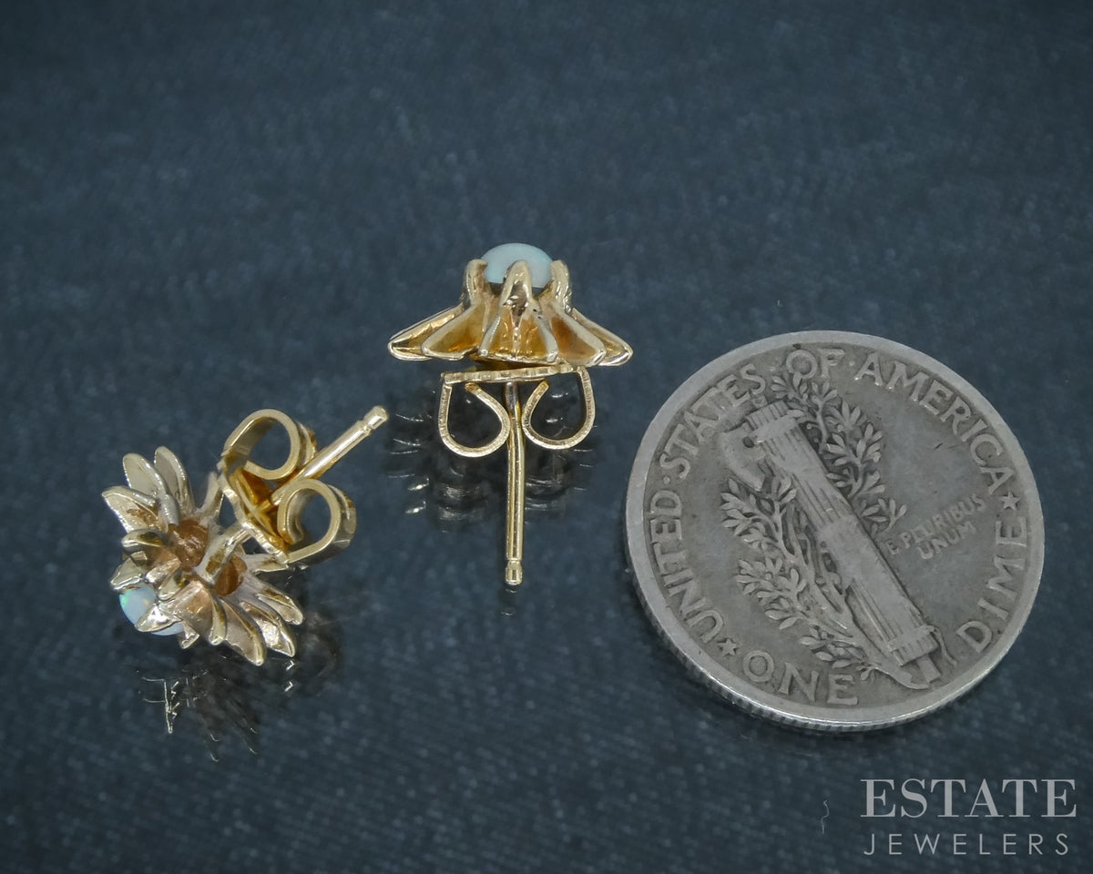 Vintage 9k Yellow Gold Natural Opal Starburst Stud Earrings 2g p31196