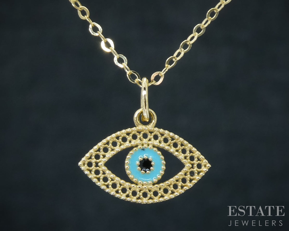 14k Yellow Gold Enameled Evil Eye Charm Ladies Necklace 1.1g 18"L p30754