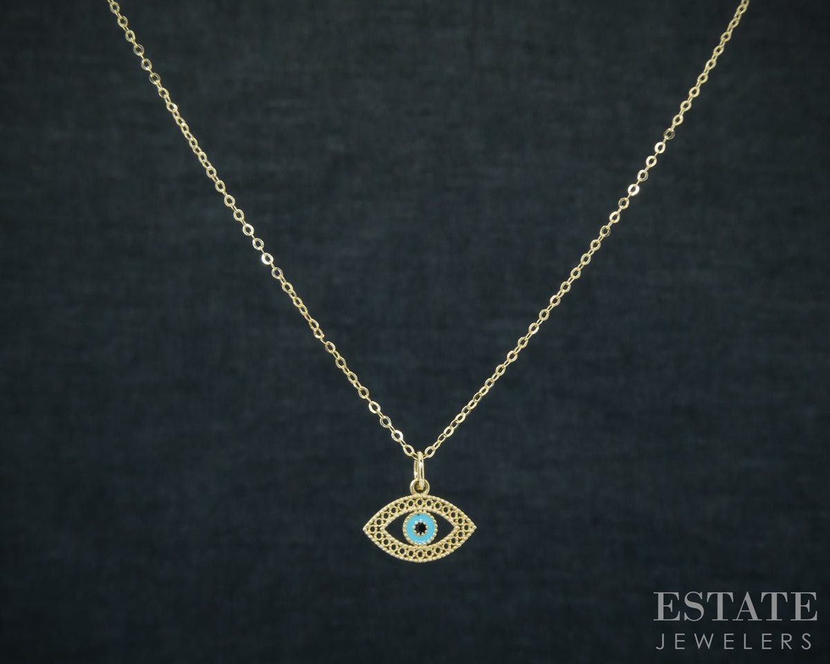 14k Yellow Gold Enameled Evil Eye Charm Ladies Necklace 1.1g 18"L p30754