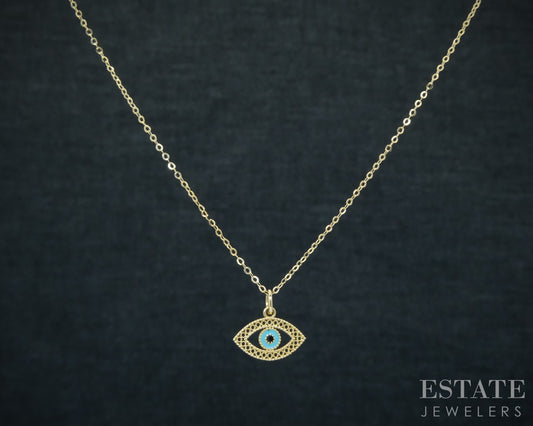 14k Yellow Gold Enameled Evil Eye Charm Ladies Necklace 1.1g 18"L p30754