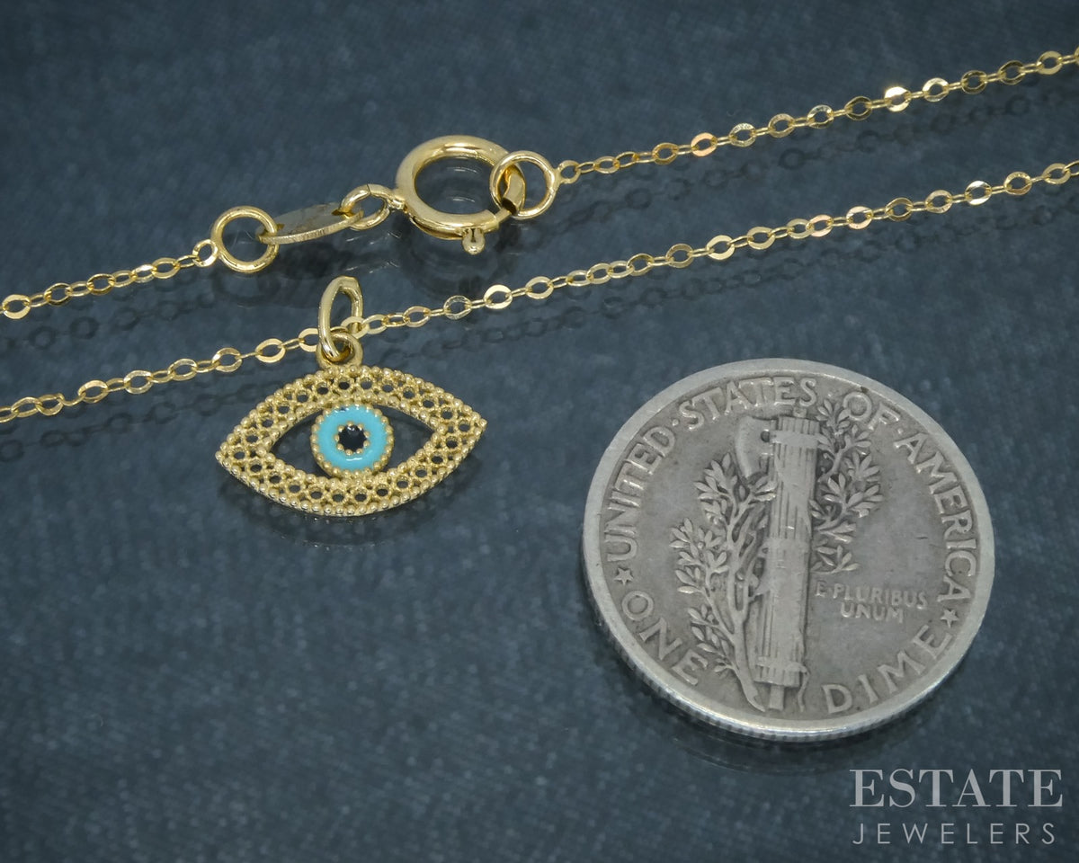 14k Yellow Gold Enameled Evil Eye Charm Ladies Necklace 1.1g 18"L p30754