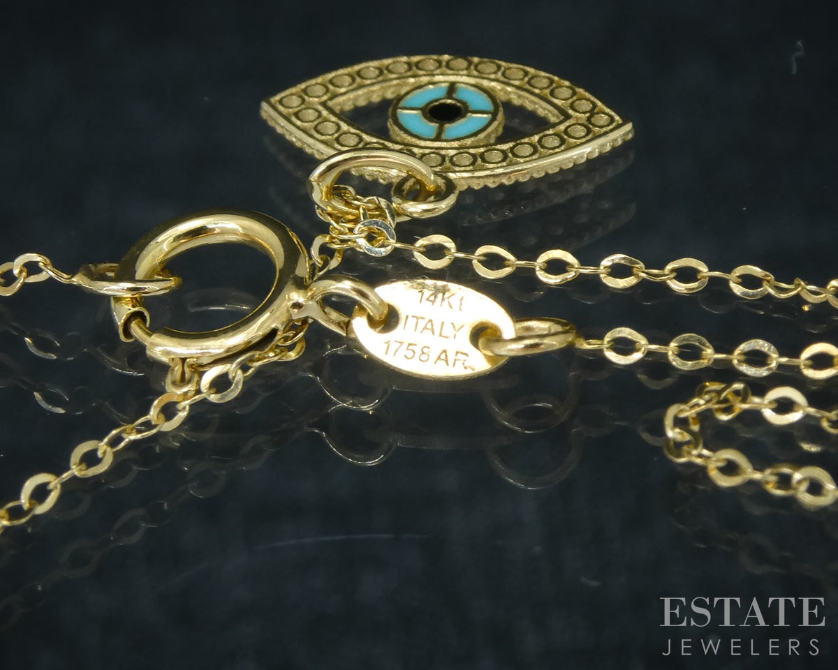 14k Yellow Gold Enameled Evil Eye Charm Ladies Necklace 1.1g 18"L p30754
