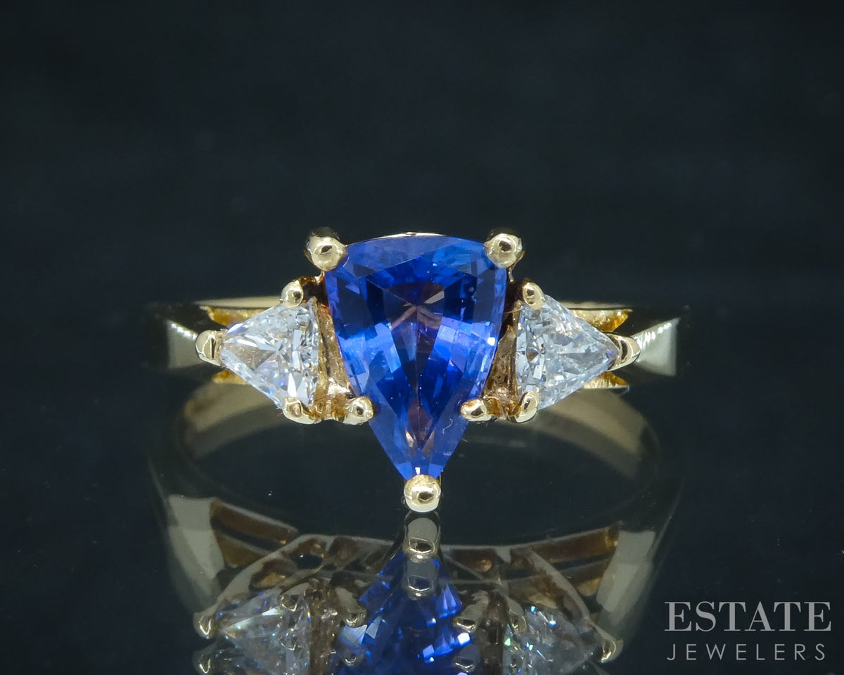 18k Yellow Gold Shield Natural Tanzanite & Diamond Ladies Ring 3.3g p30555