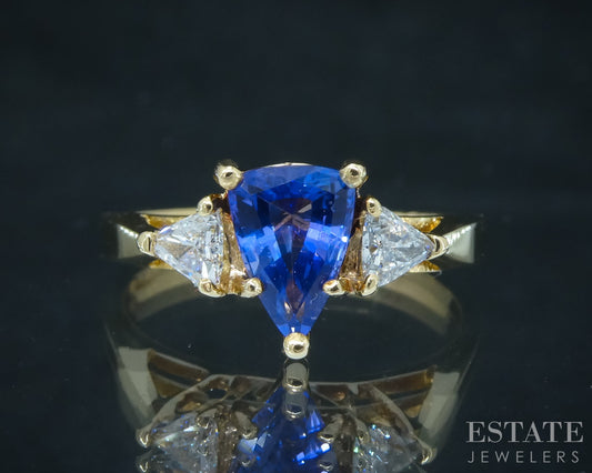 18k Yellow Gold Shield Natural Tanzanite & Diamond Ladies Ring 3.3g p30555