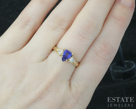 18k Yellow Gold Shield Natural Tanzanite & Diamond Ladies Ring 3.3g p30555
