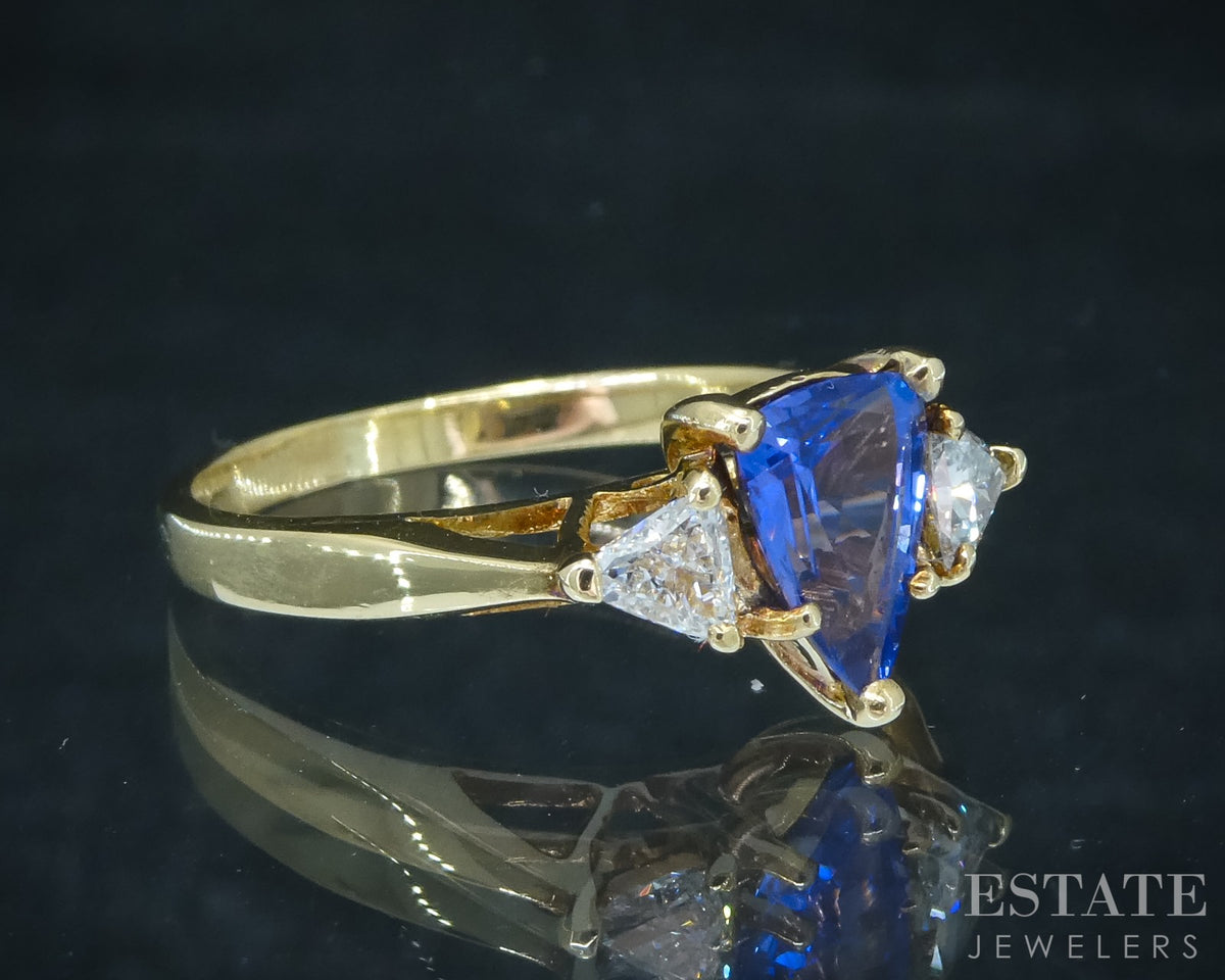 18k Yellow Gold Shield Natural Tanzanite & Diamond Ladies Ring 3.3g p30555