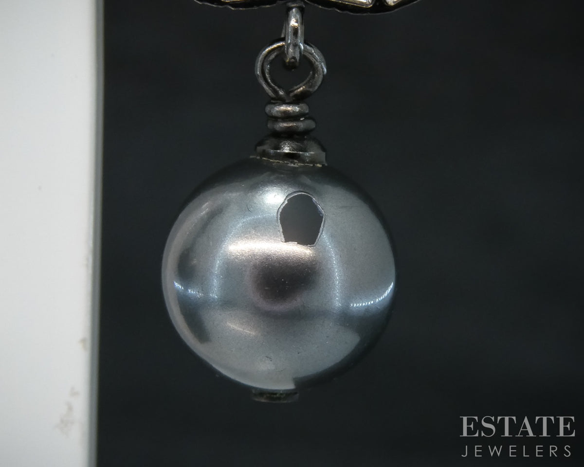 Chanel CC Logo Crystal & Black Pearl Ruthenium Dangle Ladies Earrings p30842