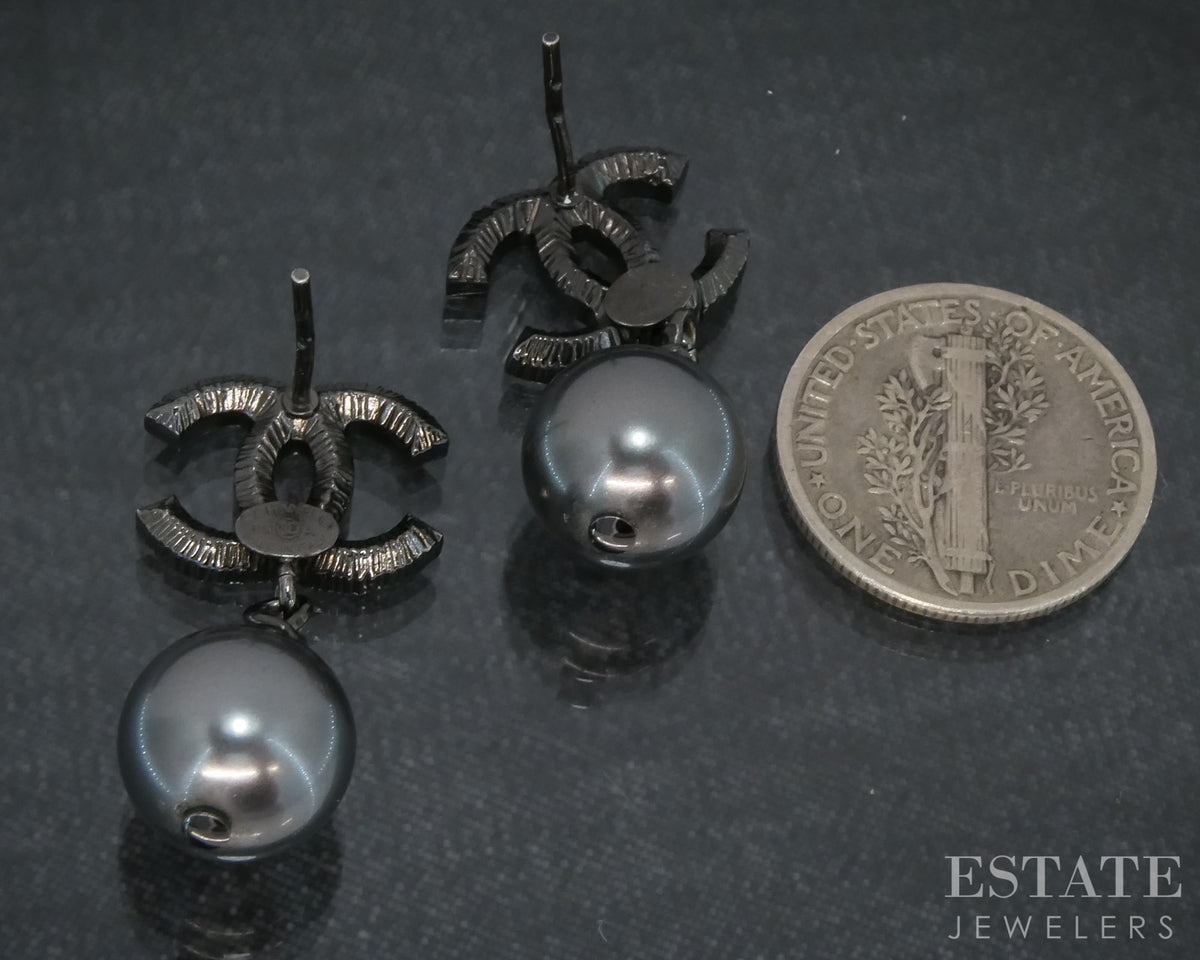 Chanel CC Logo Crystal & Black Pearl Ruthenium Dangle Ladies Earrings p30842