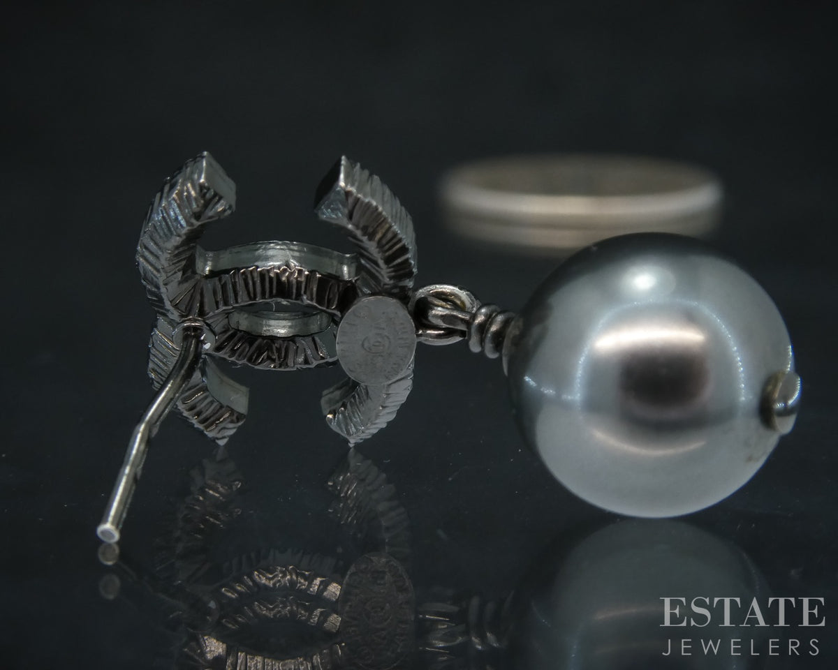 Chanel CC Logo Crystal & Black Pearl Ruthenium Dangle Ladies Earrings p30842