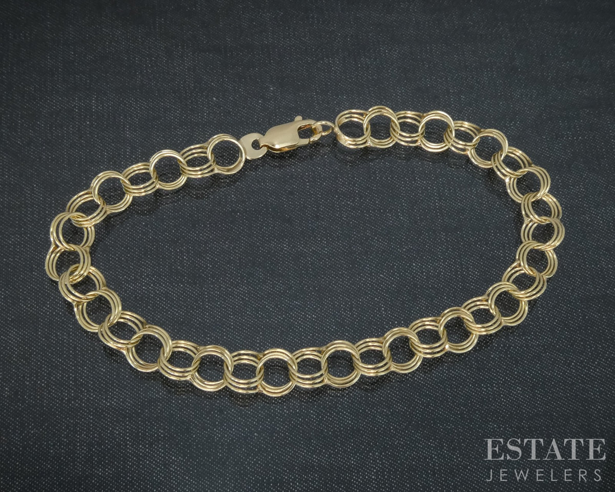14k Yellow Gold Double Charm Chain Link Bracelet 4.0g 7"L p30587