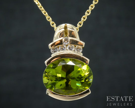 14k Yellow Gold Natural Peridot & Diamond Ladies Necklace 5.9g 18"L p31408