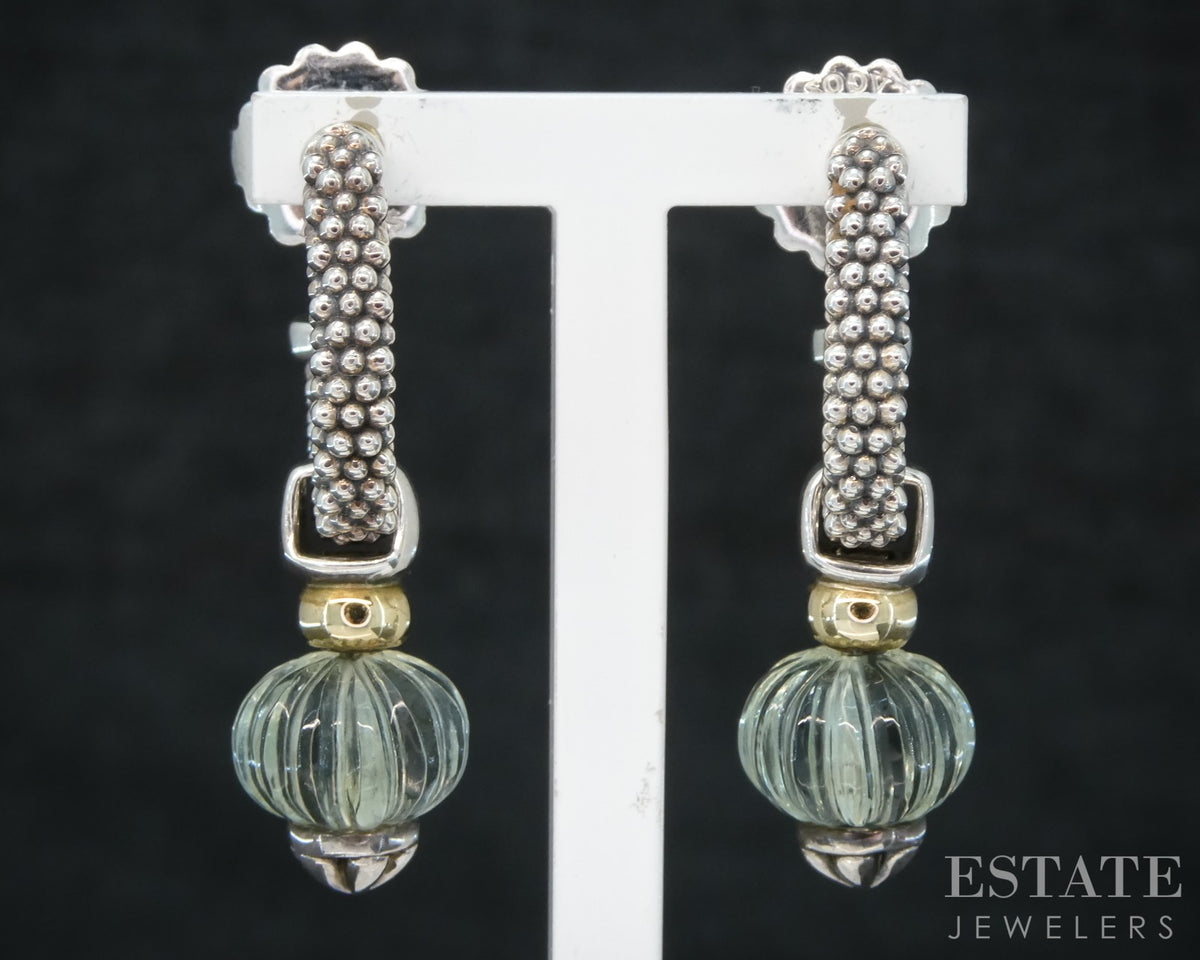 18k & Sterling LAGOS Caviar Forever Green Amethyst Hoop Earrings 11g p31267