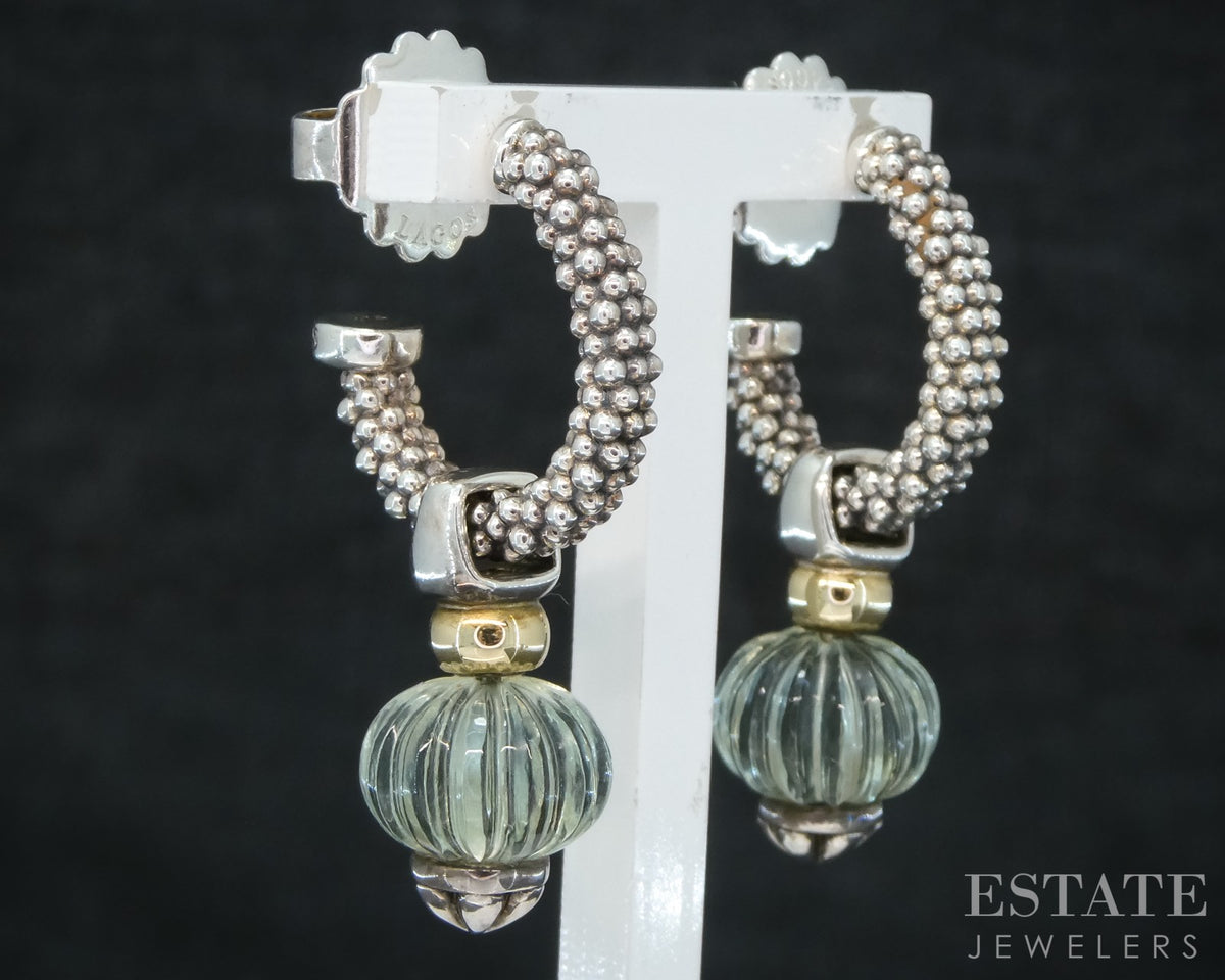 18k & Sterling LAGOS Caviar Forever Green Amethyst Hoop Earrings 11g p31267