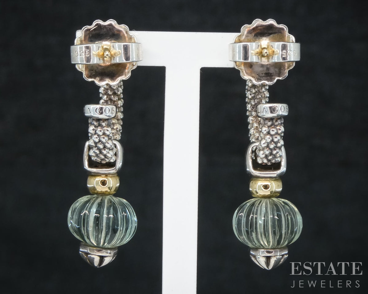 18k & Sterling LAGOS Caviar Forever Green Amethyst Hoop Earrings 11g p31267