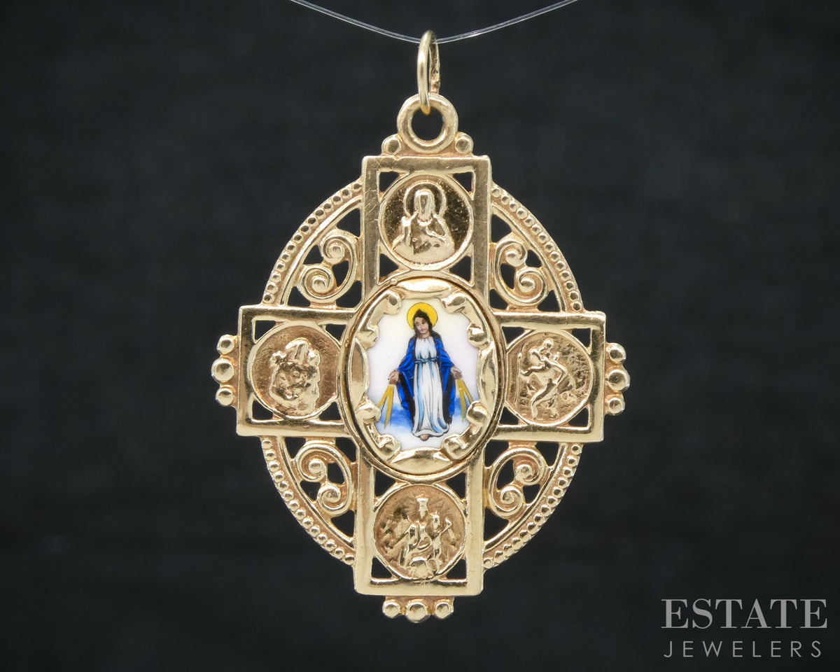 14k Yellow Gold Four Way Catholic Cross Medal Religious Charm 2.8g p31394