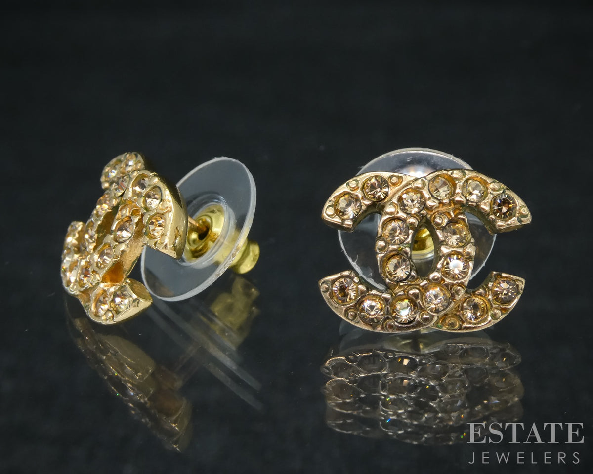 Chanel CC Logo Brown Crystal Gold Tone Stud Ladies Earrings p30841