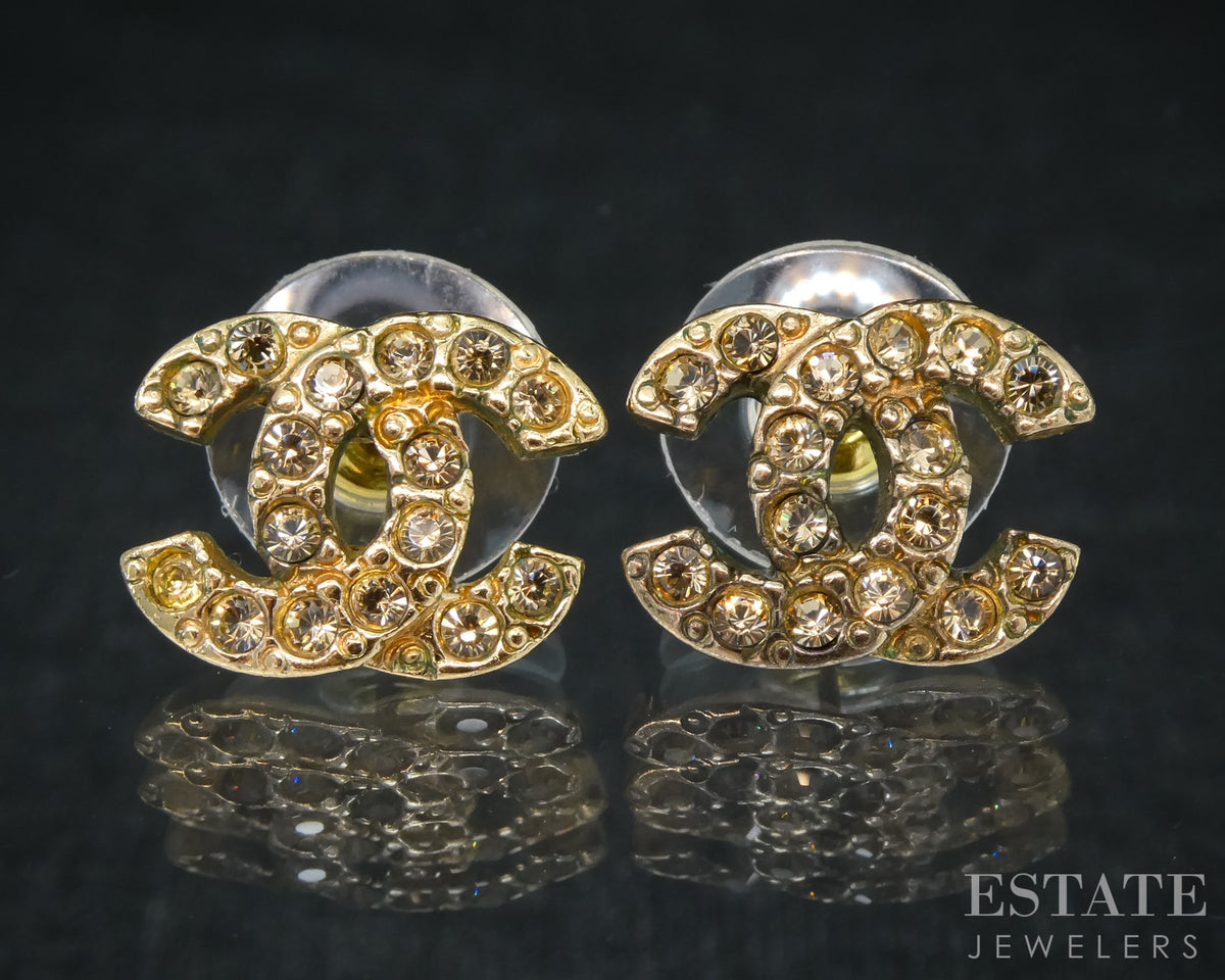Chanel CC Logo Brown Crystal Gold Tone Stud Ladies Earrings p30841