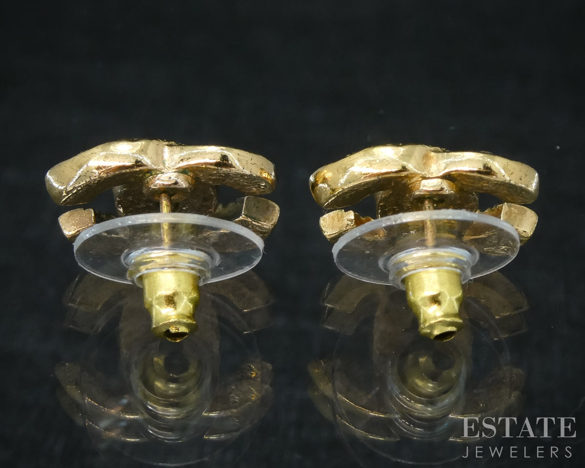 Chanel CC Logo Brown Crystal Gold Tone Stud Ladies Earrings p30841