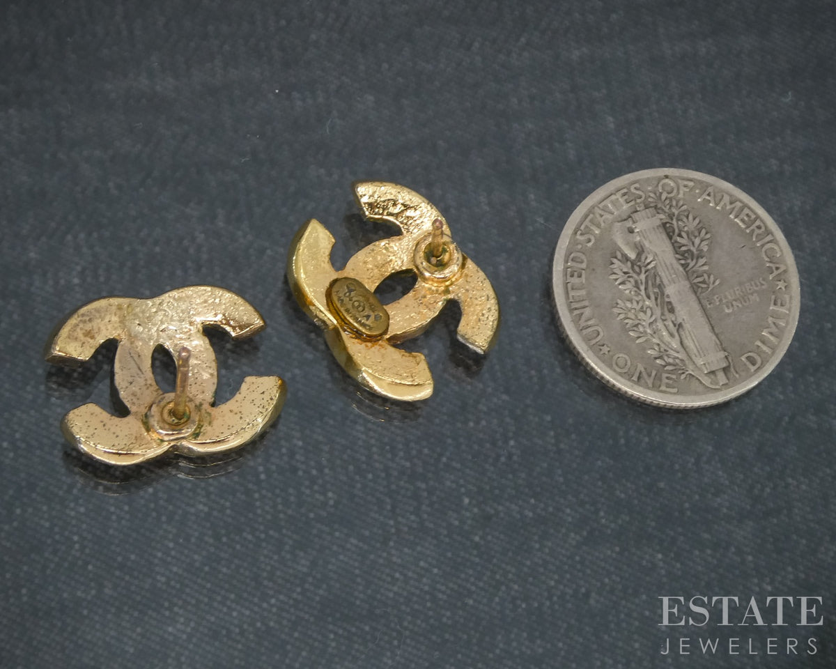 Chanel CC Logo Brown Crystal Gold Tone Stud Ladies Earrings p30841