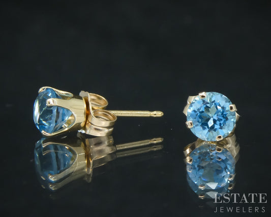 14k Yellow Gold 5mm Round Natural Blue Topaz Stud Earrings 0.9g p31073
