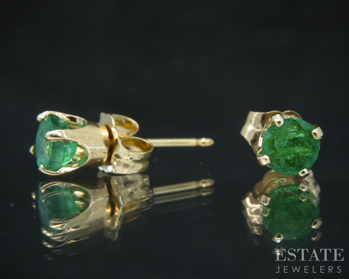 14k Yellow Gold 4mm Round Cut Natural Emerald Stud Earrings 1.0g p31392