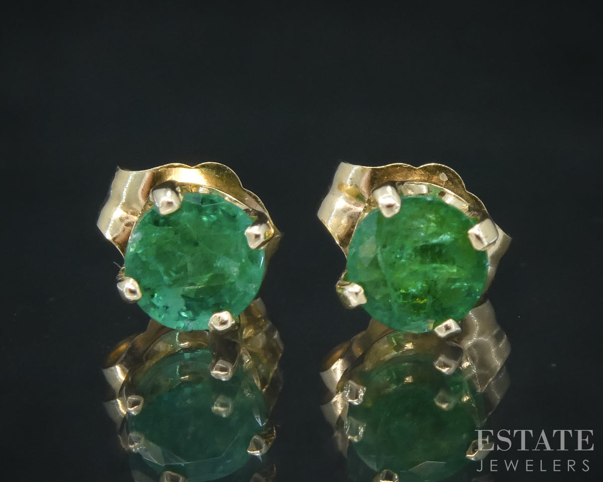 14k Yellow Gold 4mm Round Cut Natural Emerald Stud Earrings 1.0g p31392