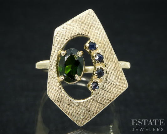 14k Yellow Gold Oval Natural Green Tourmaline & Blue Sapphire Ring 7g p27677