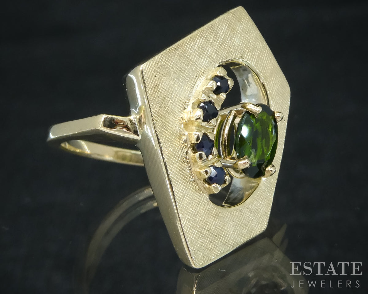 14k Yellow Gold Oval Natural Green Tourmaline & Blue Sapphire Ring 7g p27677