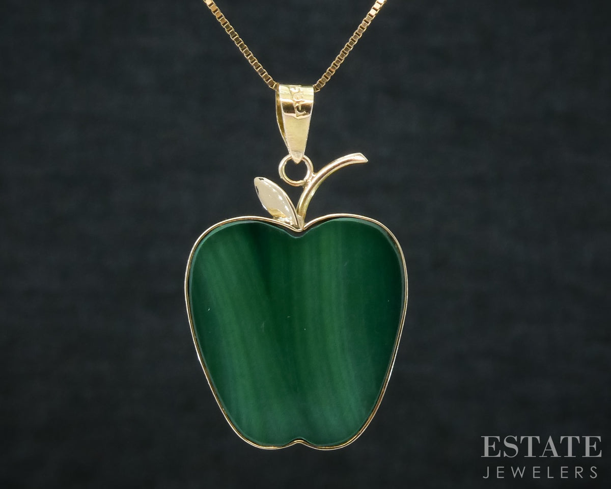 14k Yellow Gold Natural Malachite Apple Ladies Necklace 3.1g 20"L p31543