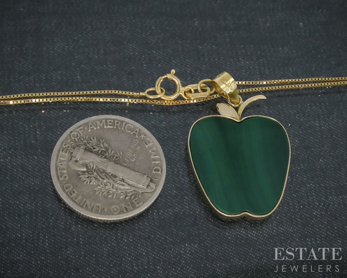 14k Yellow Gold Natural Malachite Apple Ladies Necklace 3.1g 20"L p31543