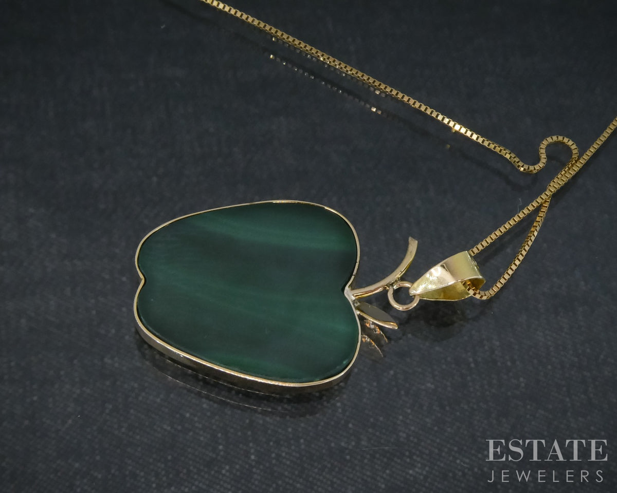 14k Yellow Gold Natural Malachite Apple Ladies Necklace 3.1g 20"L p31543