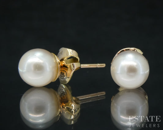 14k Yellow Gold 6.8mm Akoya Pearl Stud Ladies Earrings p31534