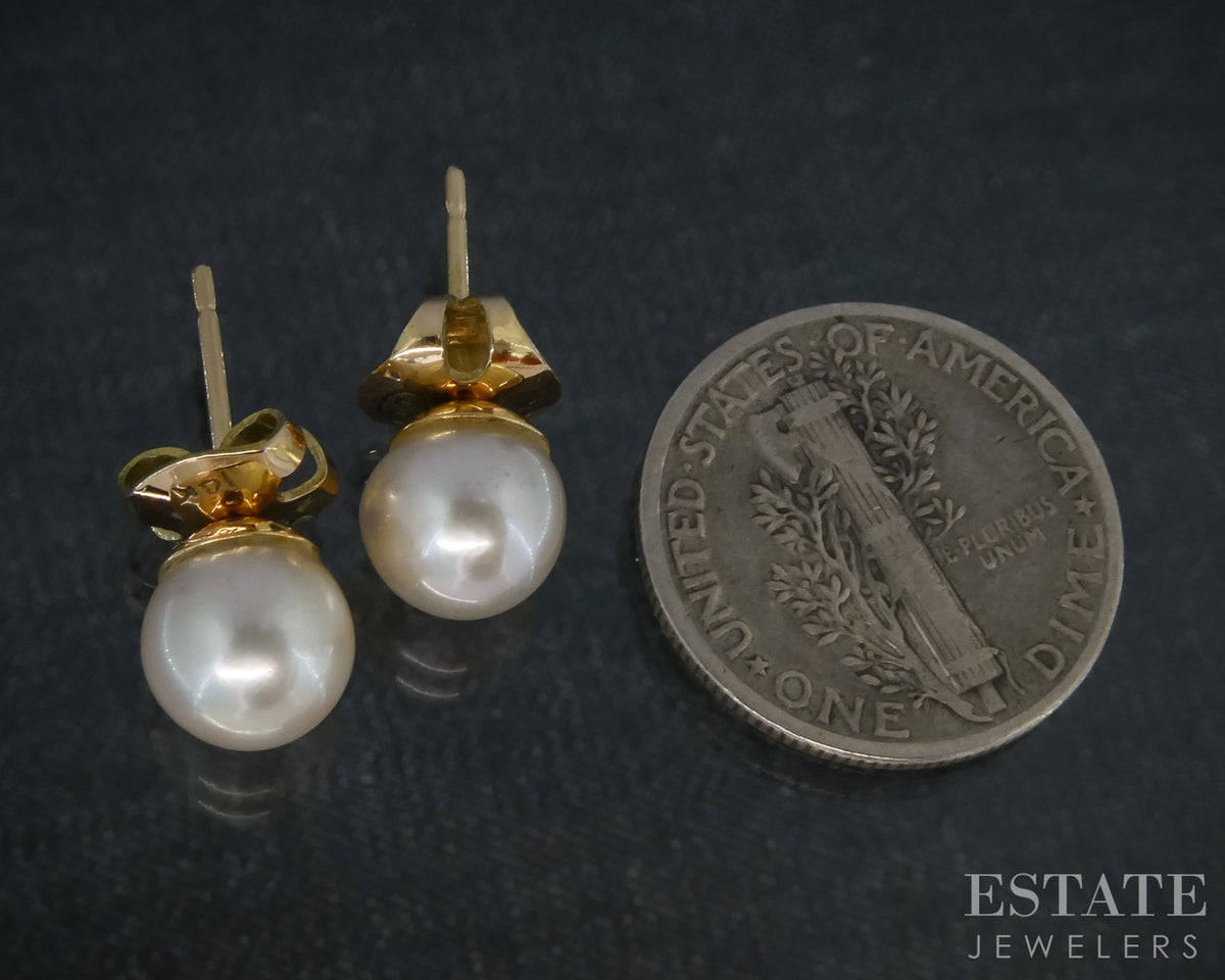 14k Yellow Gold 6.8mm Akoya Pearl Stud Ladies Earrings p31534