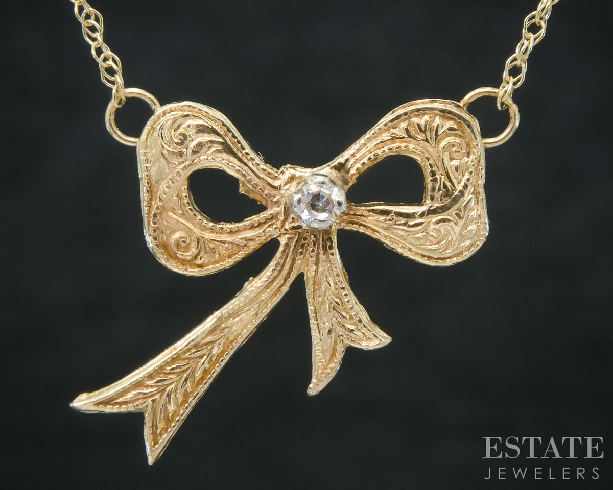 Vintage 14k Yellow Gold Natural Diamond Bow Ladies Necklace 1.2g 18.5"L p27874