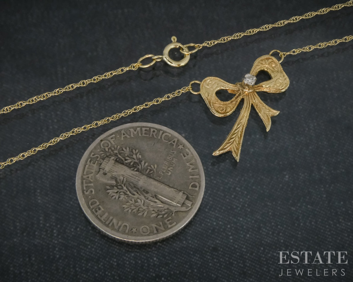 Vintage 14k Yellow Gold Natural Diamond Bow Ladies Necklace 1.2g 18.5"L p27874