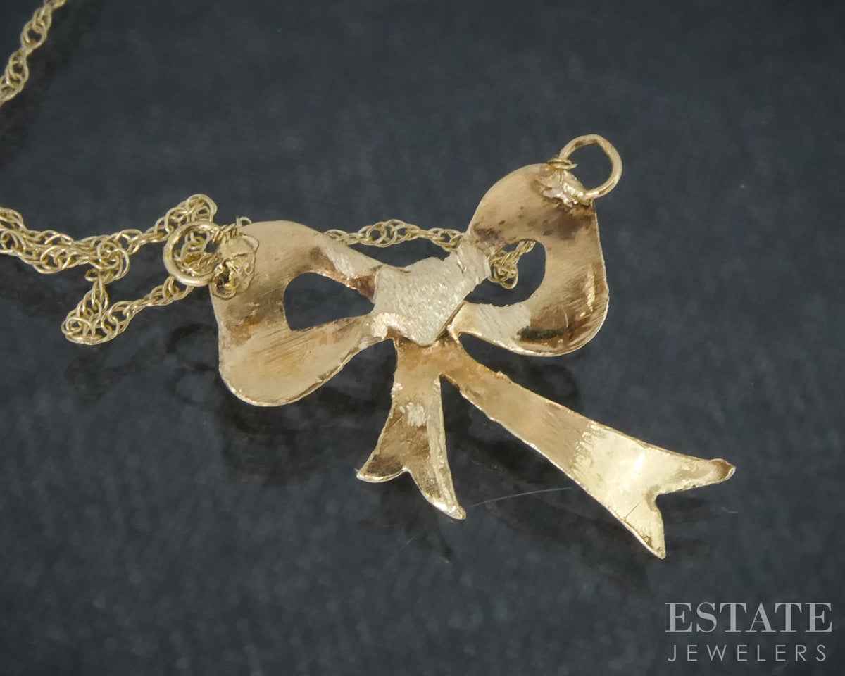 Vintage 14k Yellow Gold Natural Diamond Bow Ladies Necklace 1.2g 18.5"L p27874