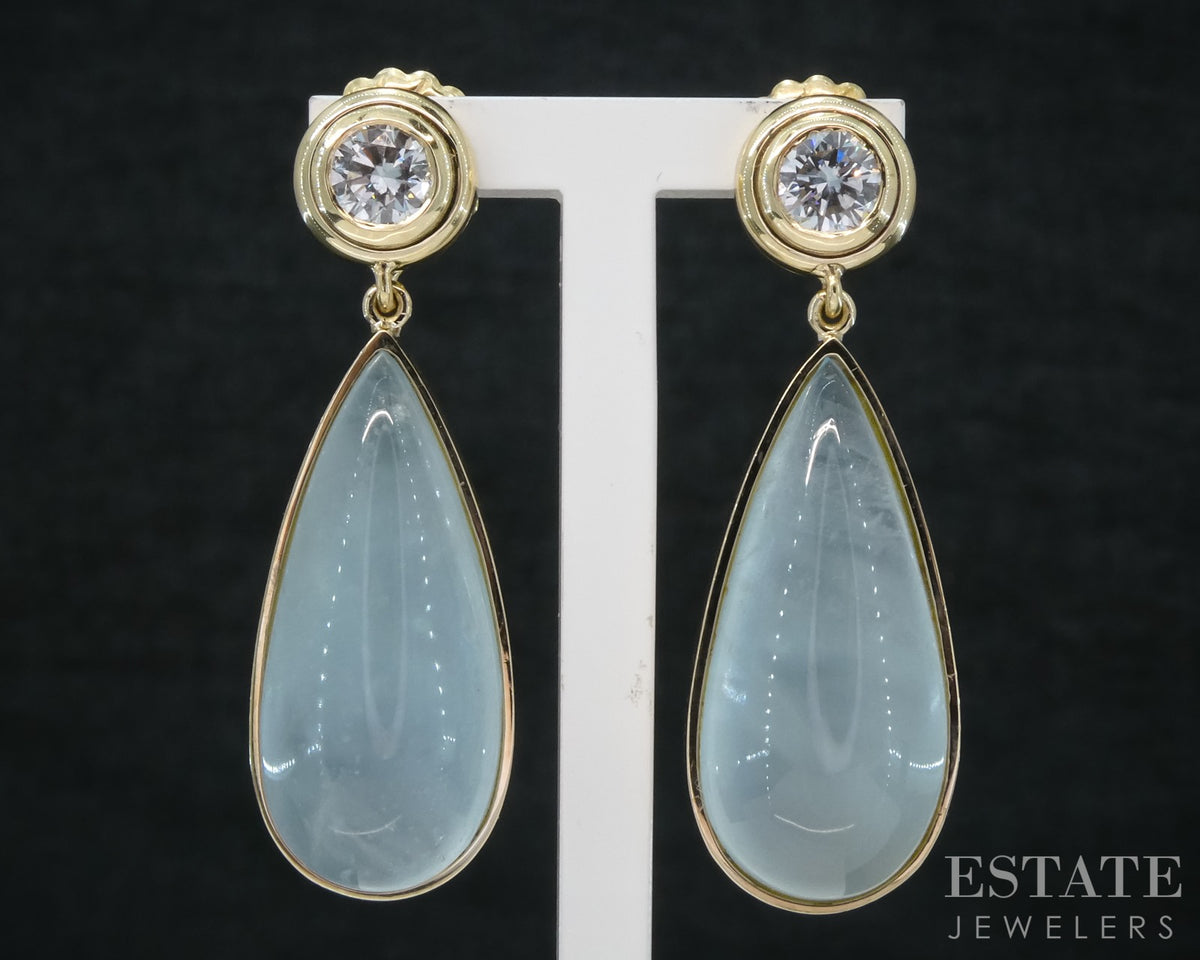 14k Yellow Gold Cabochon Natural Aquamarine & Diamond Dangle Earrings 13g p27325