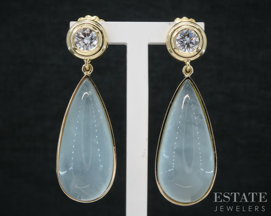 14k Yellow Gold Cabochon Natural Aquamarine & Diamond Dangle Earrings 13g p27325
