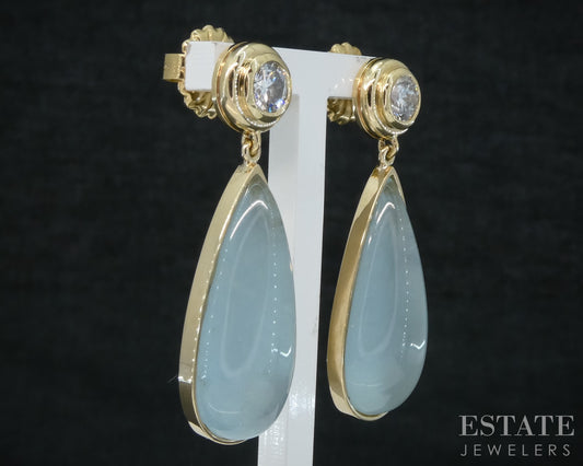14k Yellow Gold Cabochon Natural Aquamarine & Diamond Dangle Earrings 13g p27325