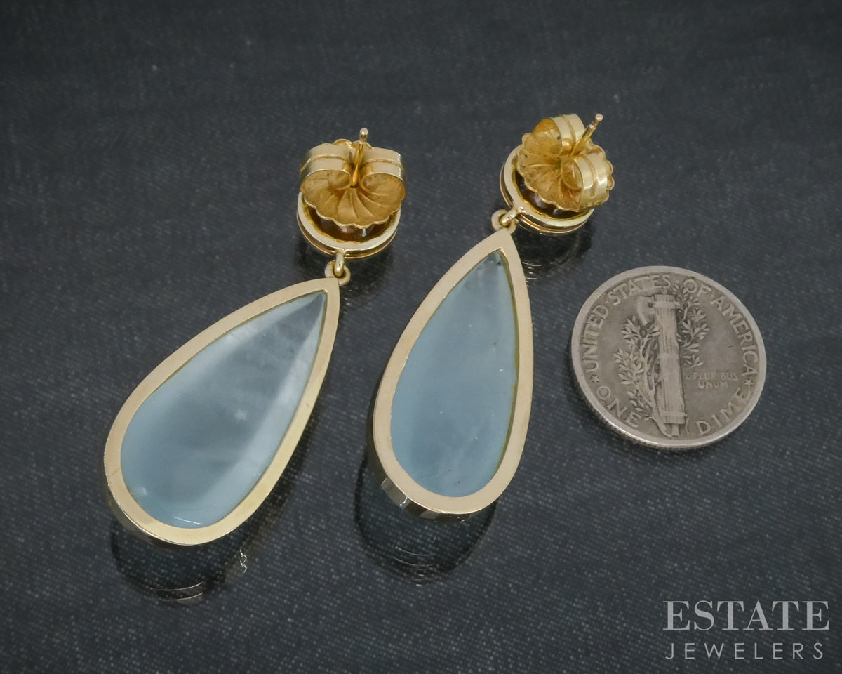 14k Yellow Gold Cabochon Natural Aquamarine & Diamond Dangle Earrings 13g p27325