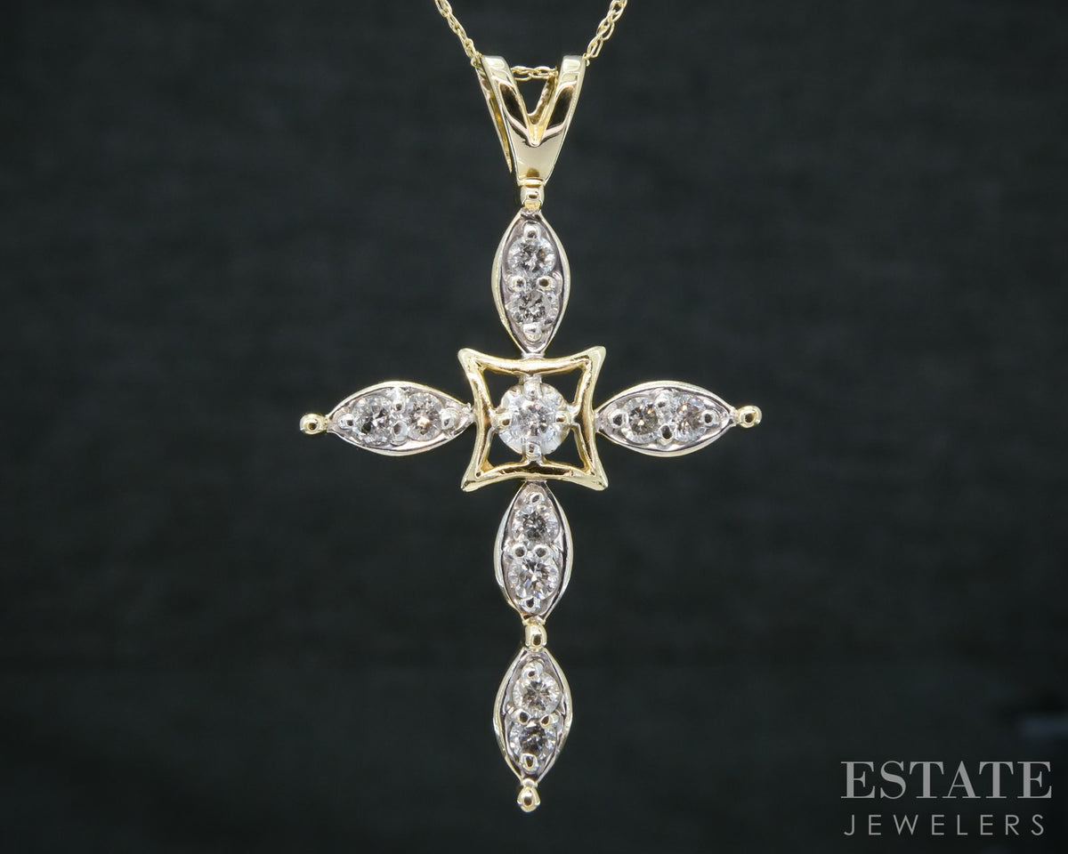 14k Yellow Gold Natural .35ctw Diamond Cross Ladies Necklace 3.6g 18"L p31553