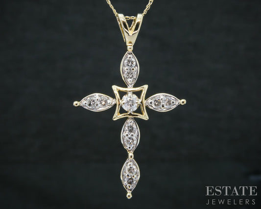 14k Yellow Gold Natural .35ctw Diamond Cross Ladies Necklace 3.6g 18"L p31553