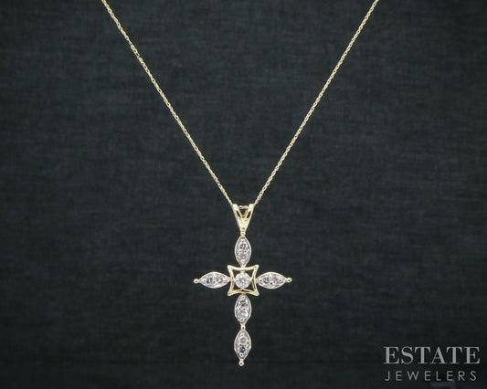 14k Yellow Gold Natural .35ctw Diamond Cross Ladies Necklace 3.6g 18"L p31553