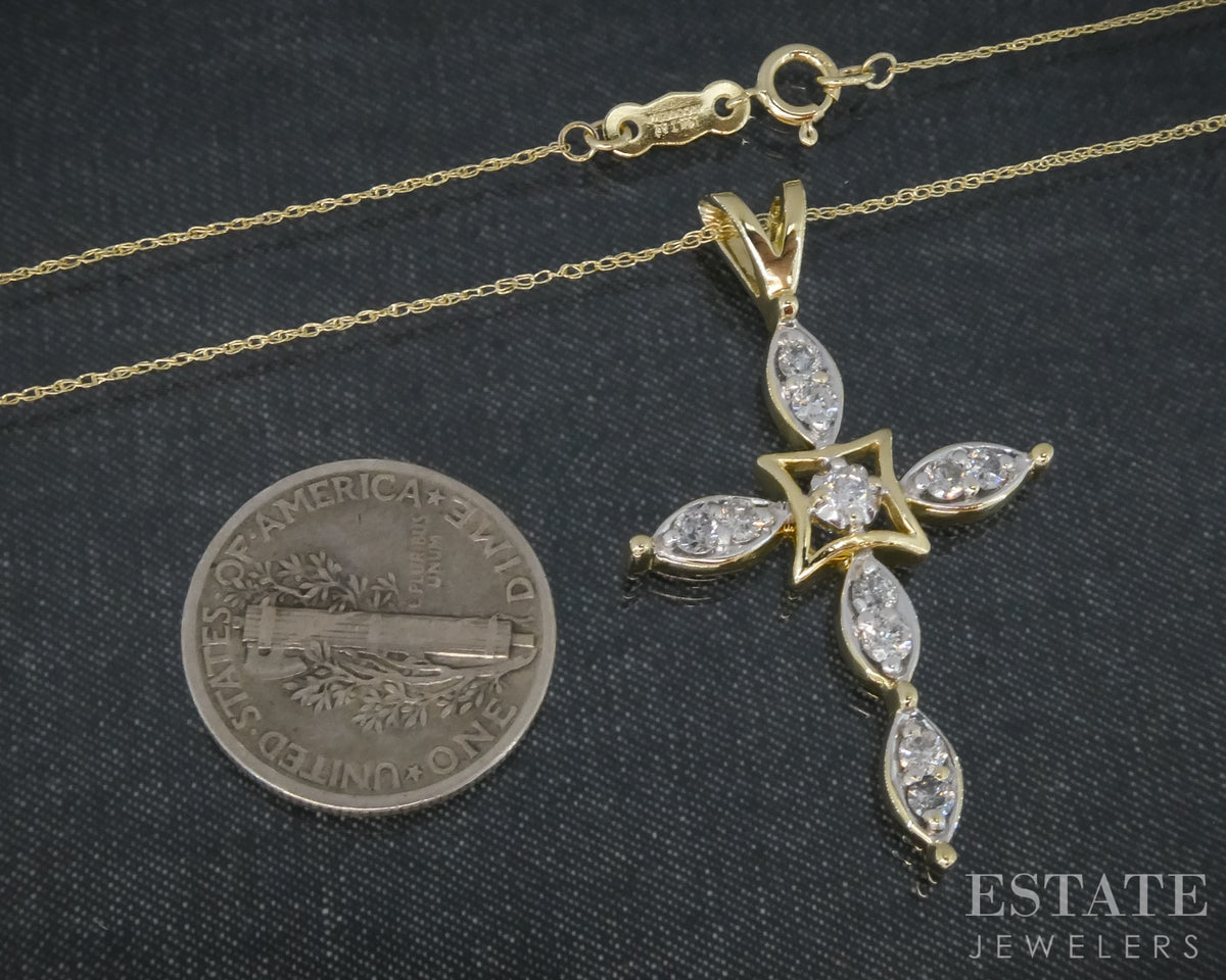 14k Yellow Gold Natural .35ctw Diamond Cross Ladies Necklace 3.6g 18"L p31553