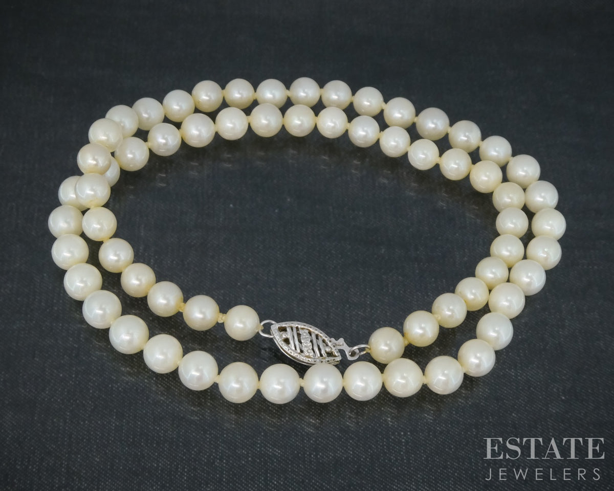 Vintage 14k White Gold 5.3mm Cultured Akoya Pearl Necklace 15"L p31564